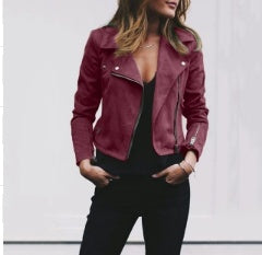 Women's Lapel Diagonal Zipper Short Jacket - Casual Slim Fit Outwear