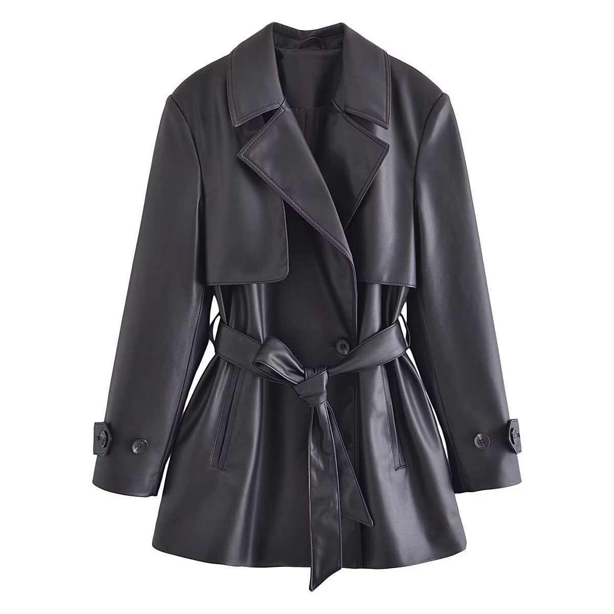 Women's Elegant Mature-Style Imitation Leather Short Trench Coat