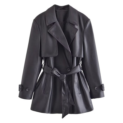 Women's Elegant Mature-Style Imitation Leather Short Trench Coat