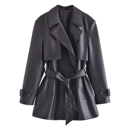 Women's Elegant Mature-Style Imitation Leather Short Trench Coat